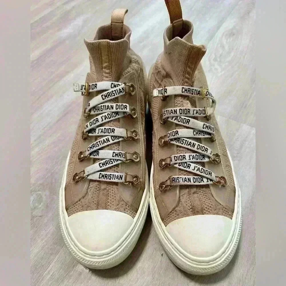 Christian Dior JA dior High Top Sneakers Beige Knit Transparent Logo Laces 40-9